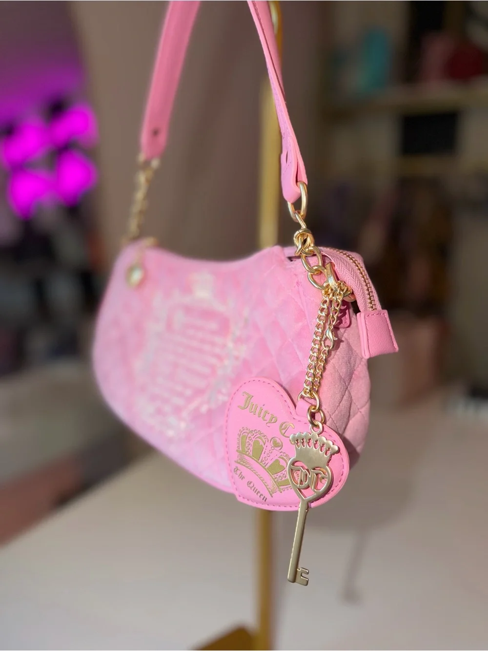 Juicy Couture Pink Velour Quilted Shoulder Bag w/ Heart Mirror & Key Charm gold
